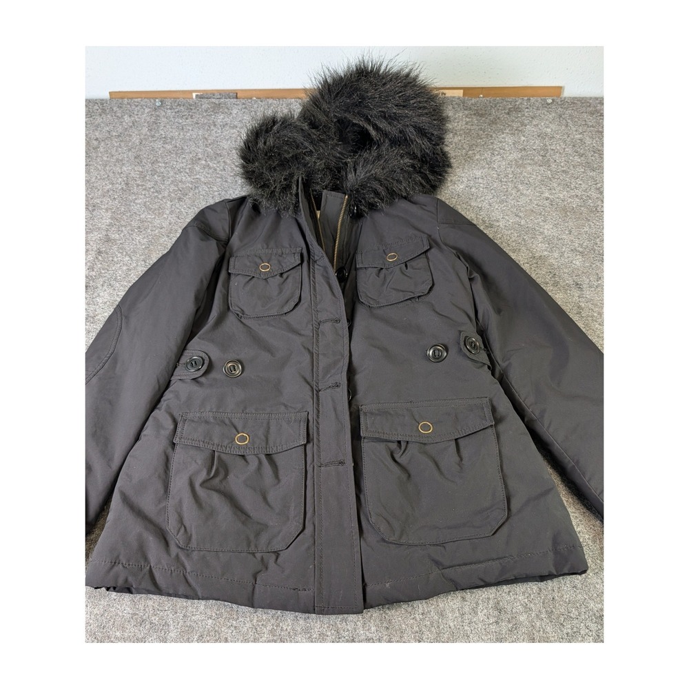 Banana Republic Womens XS Black Faux Fur Hood Down Utility Parka Jacket 338582